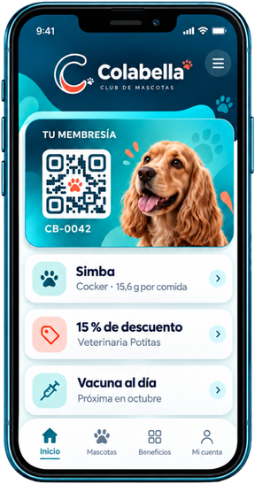 La app de Colabella en un celular: tu membresía con su código QR, la ficha de tu mascota y tus beneficios